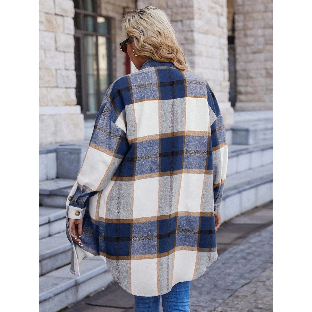Plaid Print Drop Shoulder Overcoat long shacket boyfriend jacket tan khaki - Picture 4 of 11